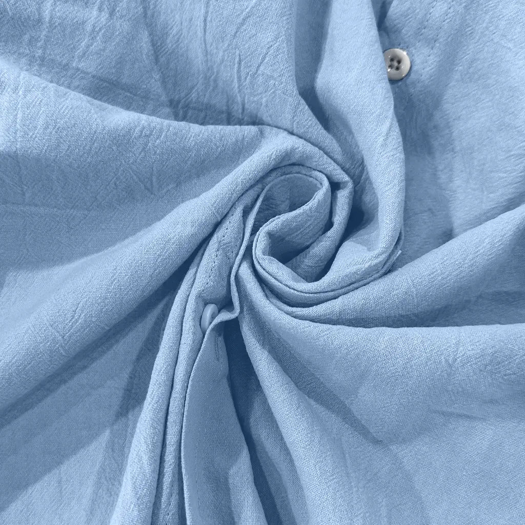 men’s casual linen stand collar long sleeve shirt in light blue textured cotton fabric with subtle woven pattern and matching buttons