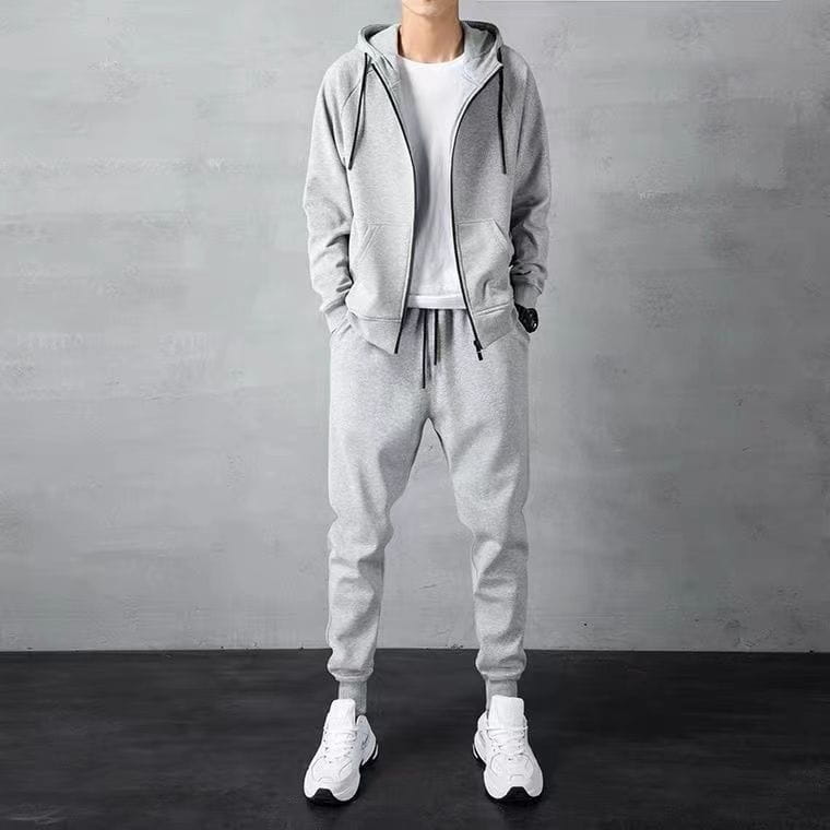 mens zip up hoodie and jogger sweatsuit set in gray soft textured fabric with black drawstrings