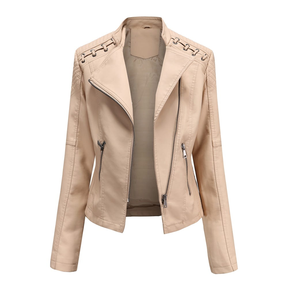 Beige Faux-Leder-Motorradjacke für Damen im Slim-Fit-Mantel mit Schnürschultern und Frontreißverschlüssen.