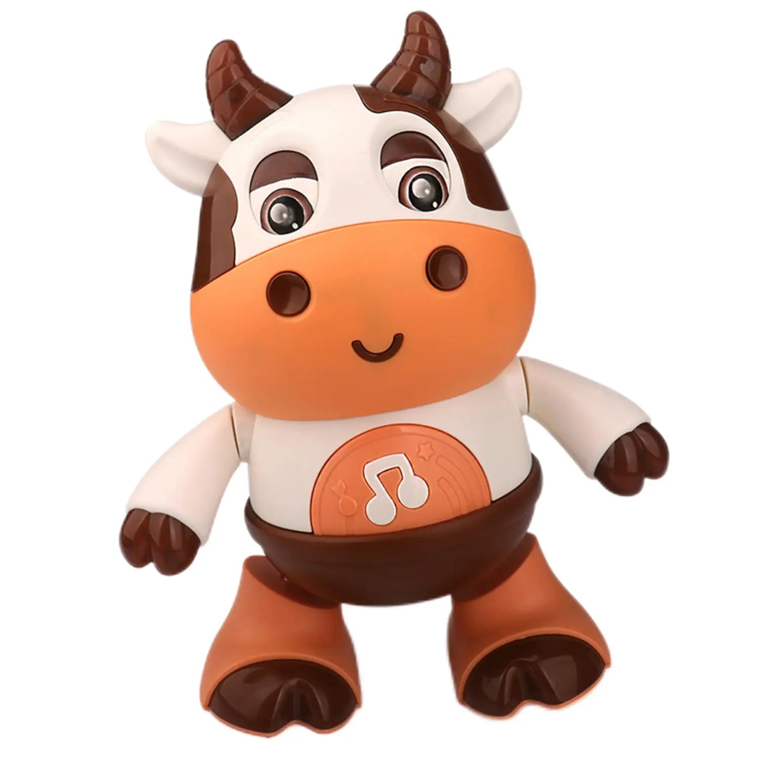 A charming brown and white plastic dancing cow musical robot toy with an orange snout wearing a white shirt featuring a musical note design.