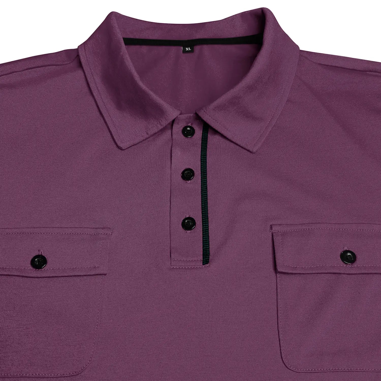 Men’s dual pocket short sleeve cotton blend polo shirt in purple featuring black buttons and a subtle black zipper detail along the placket.
