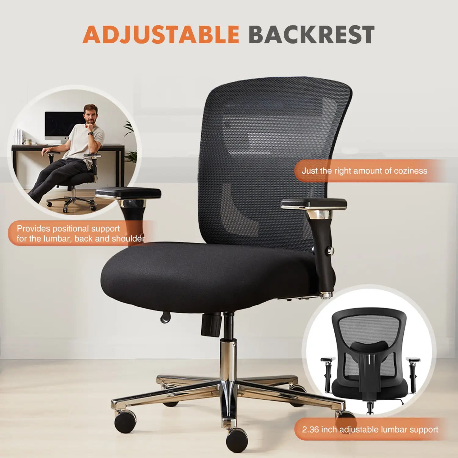 Black mesh big and tall office chair with adjustable backrest and chrome base designed to support up to 500 pounds with an ergonomic seat.
