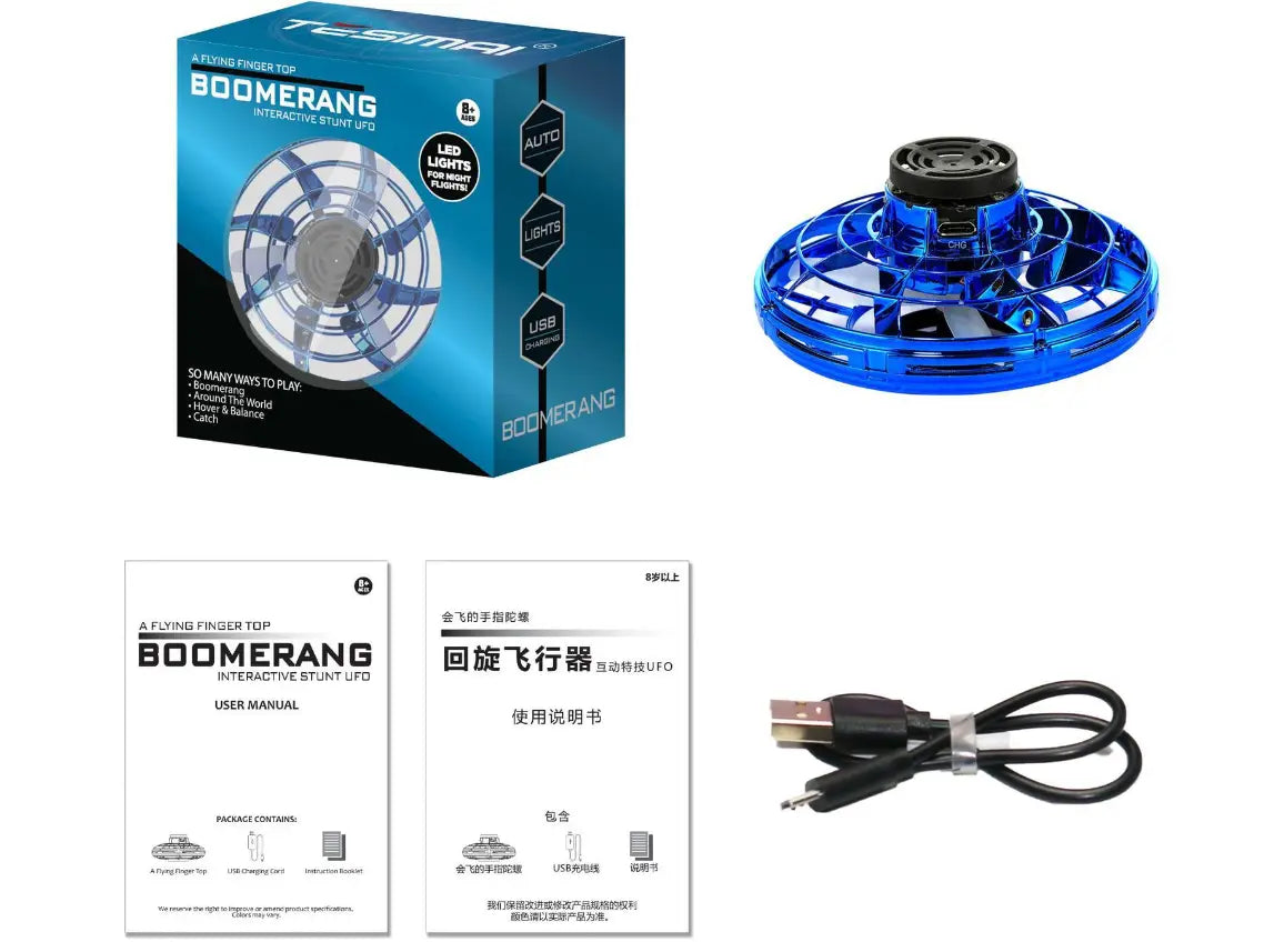 blue translucent plastic flying ufo spinner led mini drone fingertip gyro toy with black central hub and led lights.