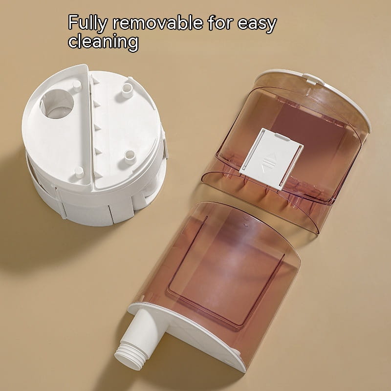 Dispensador de jabón de pared de plástico marrón y blanco transparente con componentes extraíbles integrados en un alimentador automático para mascotas con dos cuencos y dispensador de agua.