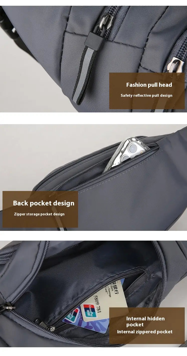 Men’s gray waterproof nylon multifunctional crossbody waist bag with reflective zipper pull and internal zippered pocket.