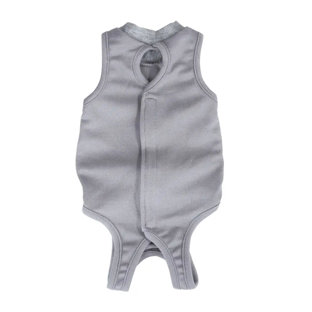 gray knit sleeveless baby onesie with rounded neckline and snap closures at the back shown as cat sterilization recovery suit breathable pet vest back side.