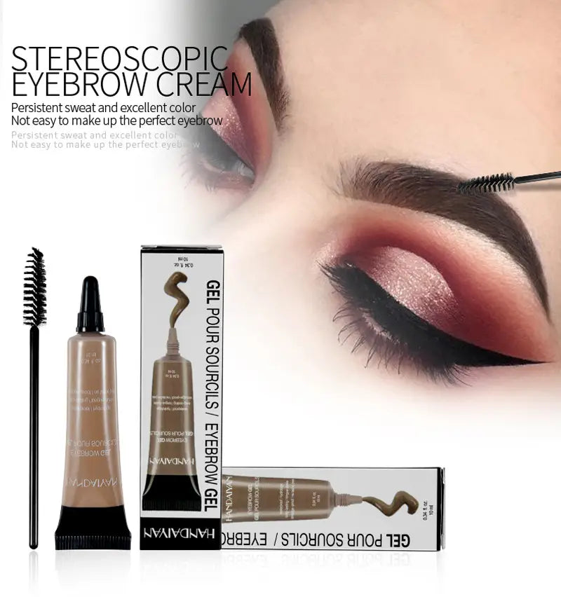 A taupe-colored waterproof eyebrow henna gel in a black-topped tube with an applicator brush beside its packaging.