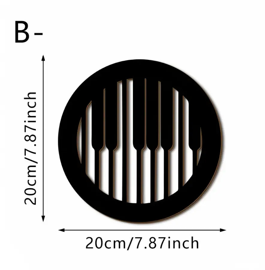 musical note wooden wall decor 4 piece set 20x20cm featuring circular black decorative wall art with a stylized piano keyboard design and vertical slats