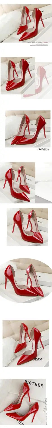 Red patent leather christian louboutin pointed toe stiletto high heels with a glossy finish and iconic red soles.