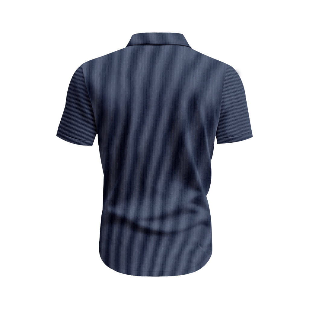 Navy blue loose corduroy short sleeve workwear shirt with fine vertical pinstripes and a polo collar.