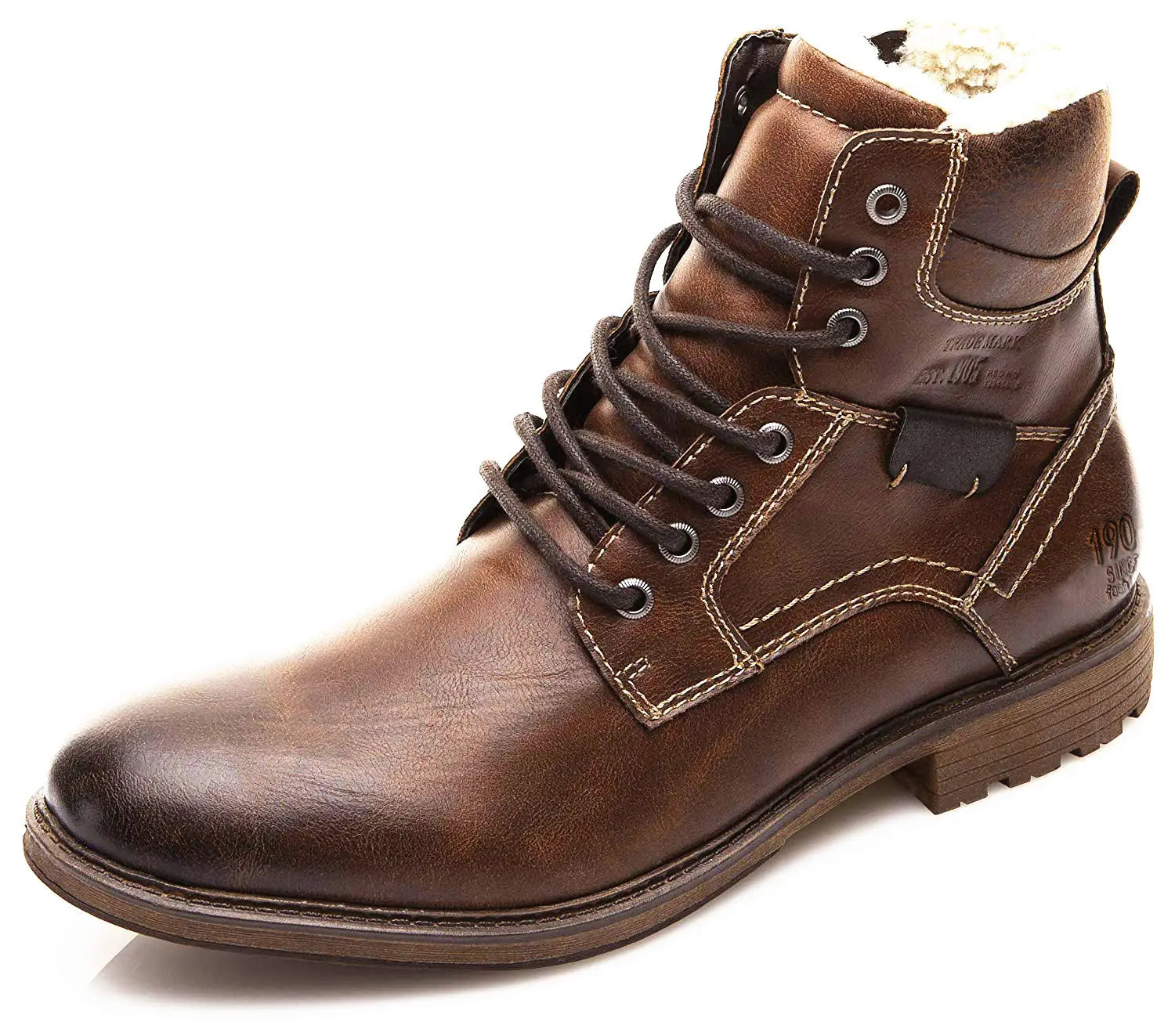 Brown leather men winter snow ankle boot with dark laces and a textured sole designed for warmth and durability.