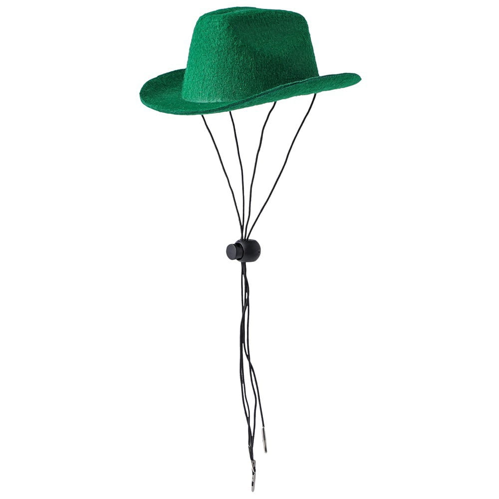 Green felt cowboy hat for pets featuring a black adjustable cord and buckle designed for dogs and cats.