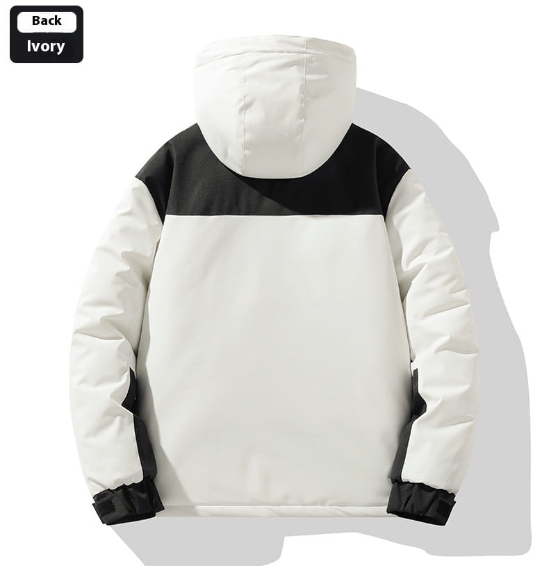 Ivory and black waterproof thermal winter puffer jacket with quilted panels, a hood, and ribbed cuffs designed for cold weather.