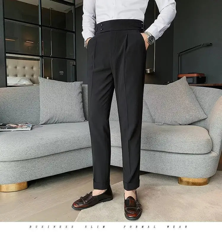 Black slim-fit formal trousers with high waist and pleats crafted from smooth fabric in Korean style slim fit men trousers.