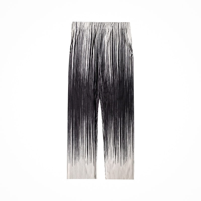 Pantalons décontractés à jambes larges à plis en dégradé pour hommes en noir et blanc, avec un effet de dégradé du foncé au clair et une texture de tissu plissé.
