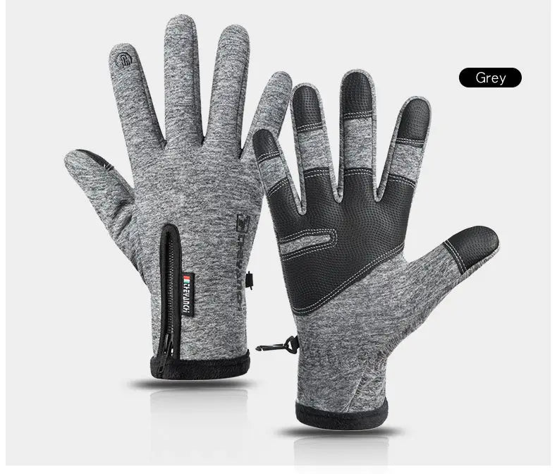 Grey waterproof touchscreen winter cycling gloves with black reinforced fingertips and palm, featuring a zipper pocket on the wrist shown from the back side.