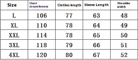The table displays a size chart for men’s mid-length fleece lined faux leather coat showing chest circumference clothes length sleeve length and shoulder width measurements from size L to 4XL.