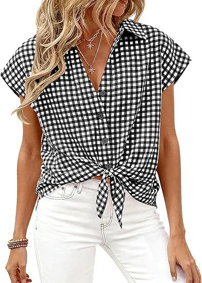 Black and white checkered short-sleeved button-up blouse with front knot detail ideal for casual wear.