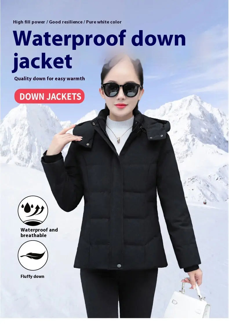 Chaqueta corta acolchada para mujer, negra e impermeable, con capucha, para un vêtement d’hiver épais et chaleureux, apresentada de la parte trasera