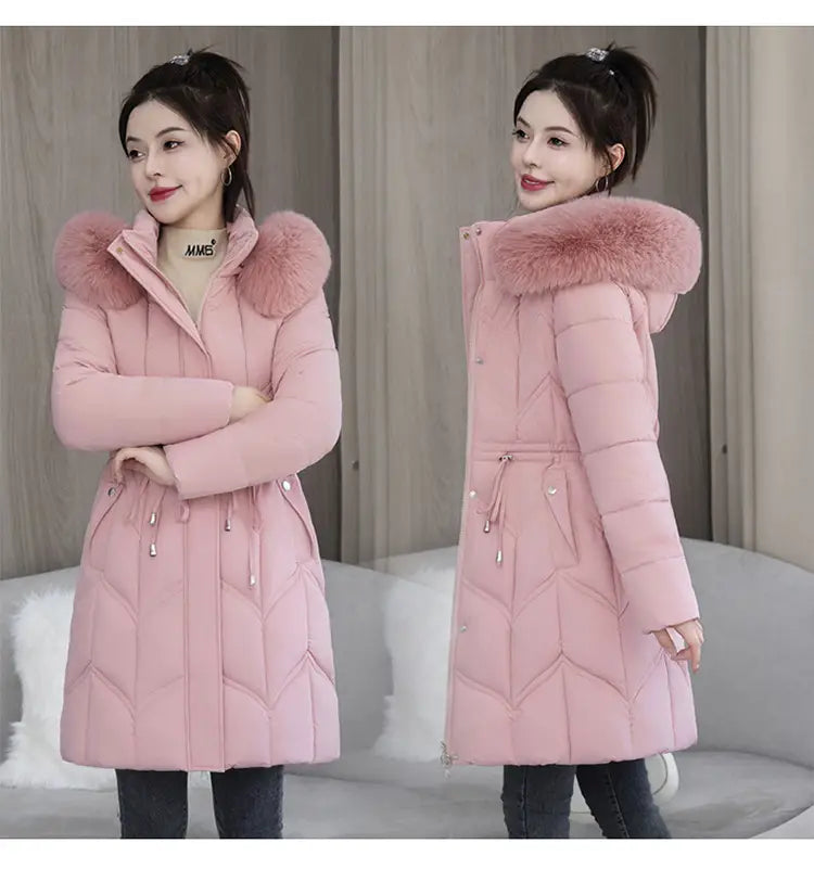 Rosa gesteppten Winterjacke aus Baumwolle mit einer flauschigen, pelzgefütterten Kapuze, ausgelegt für die Nutzung bei kaltem Wetter