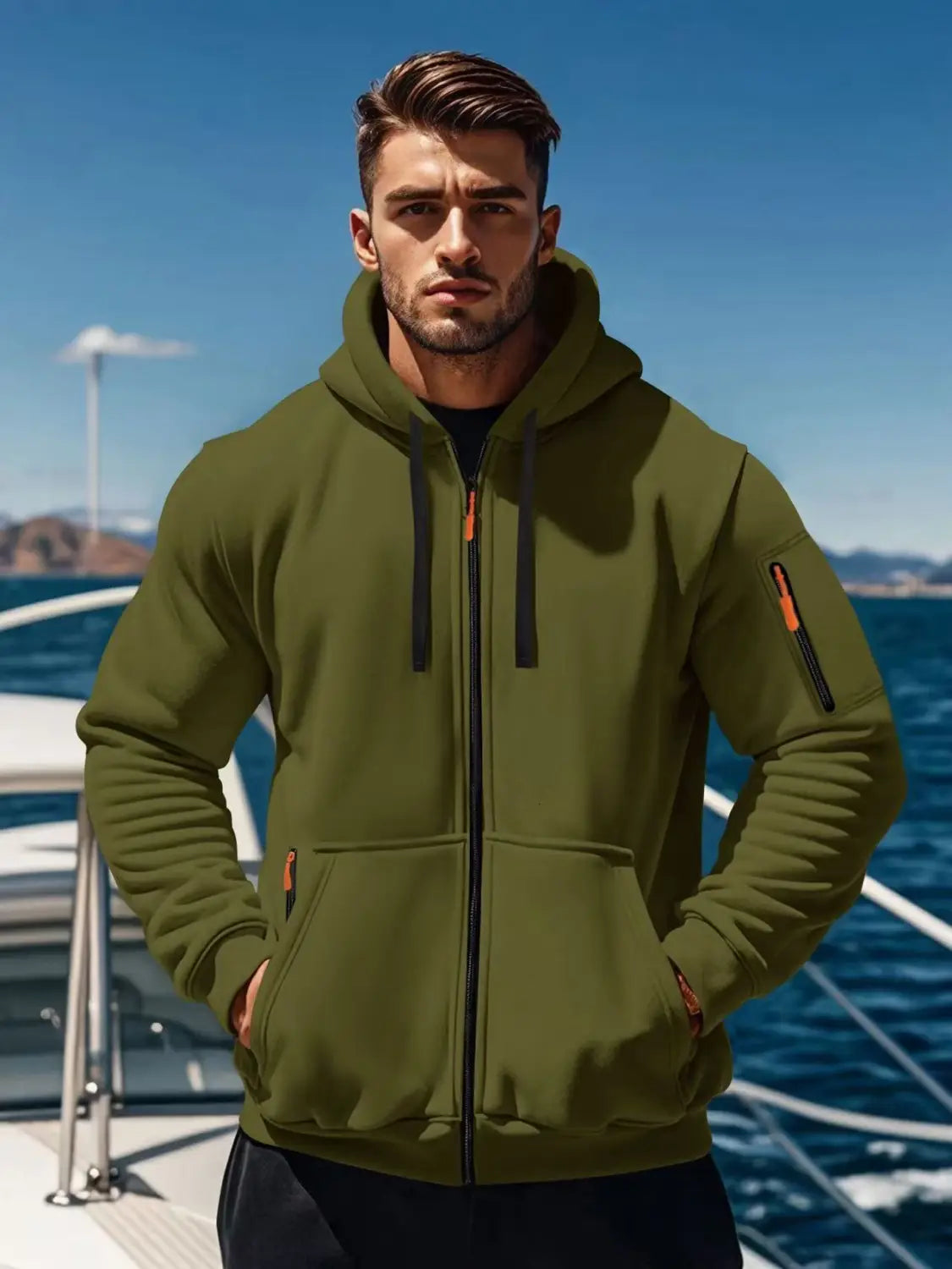 men’s sport casual fleece lined olive green zip-up hoodie jacket with black drawstrings and orange zipper pulls