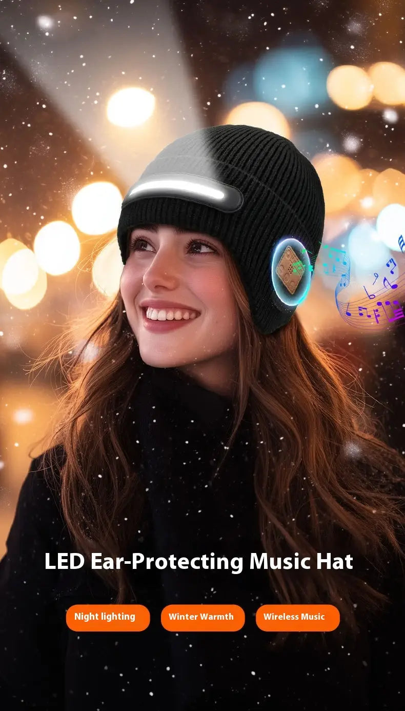 black knitted led bluetooth beanie hat with integrated light strip and wireless speaker designed for running and ear protection