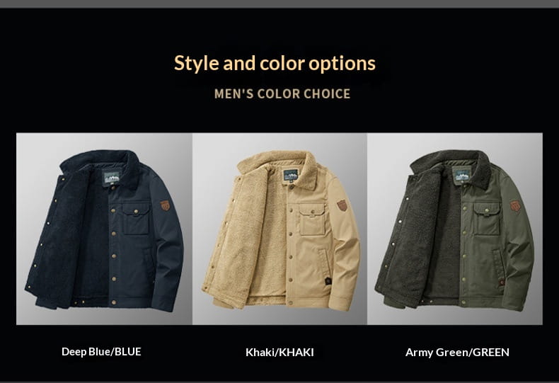 Veste boutonnée en matelassé à empiècements pour homme en velours côtelé doublée en polaire de laine d’agneau disponible en bleu profond, kaki et vert armée, conçue pour la chaleur et un port décontracté.