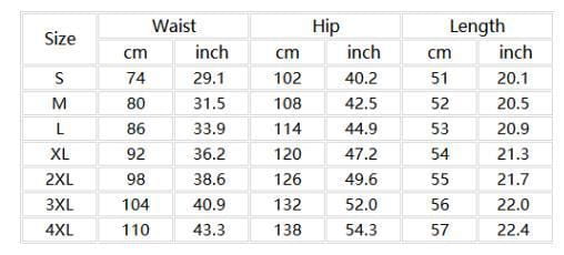 Un tableau des tailles détaillé pour hommes, shorts décontractés texturés, présentant des mesures en centimètres et en pouces pour les tailles S à 4XL.