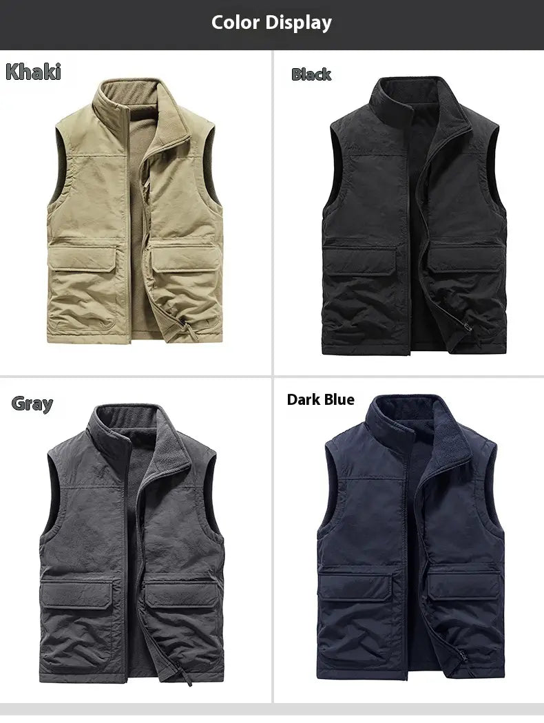 men fleece cargo vests reversible outdoor outerwear in khaki black gray and dark blue with high collar and multiple front pockets.