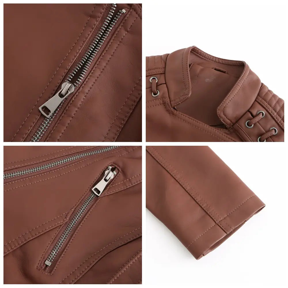 Damen-Slim-Fit-Braune Faux-Leder-Motorradjacke mit silbernen Reißverschlüssen und einem Schnürkragen.