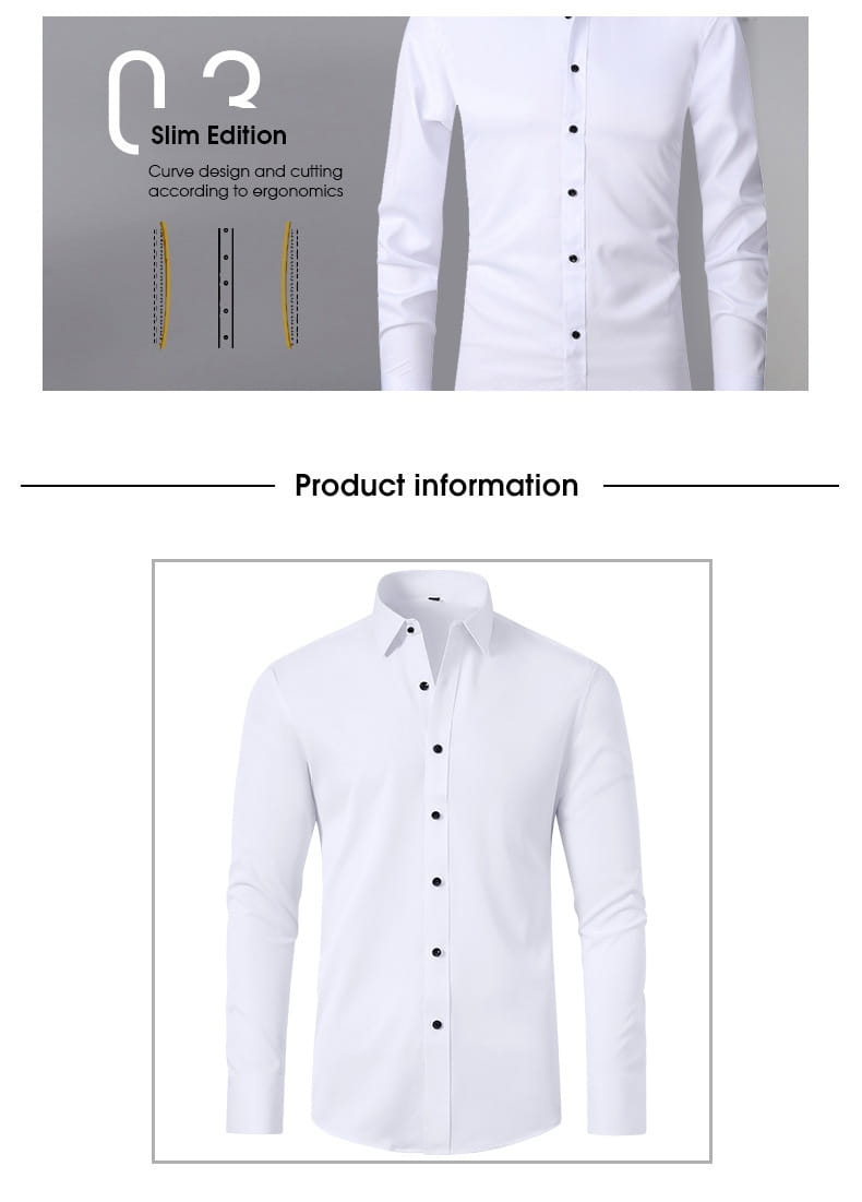 Herren Slim-Fit Business-Kleidhemd mit langem Arm in Weiß mit schwarzen Knöpfen und klassischem Kragen, entworfen für einen formellen Look.