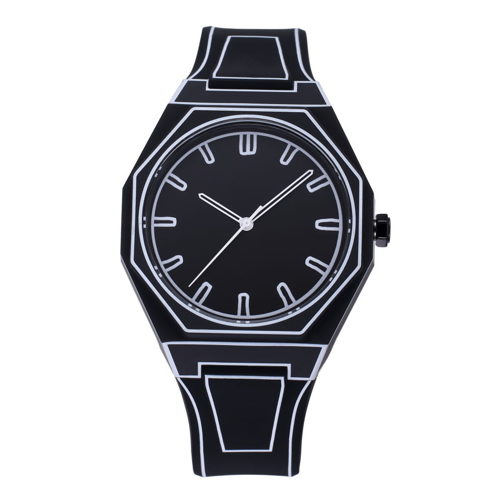 Black octagonal modern minimalist waterproof silicone watch featuring white geometric outlines and a minimalist dial.