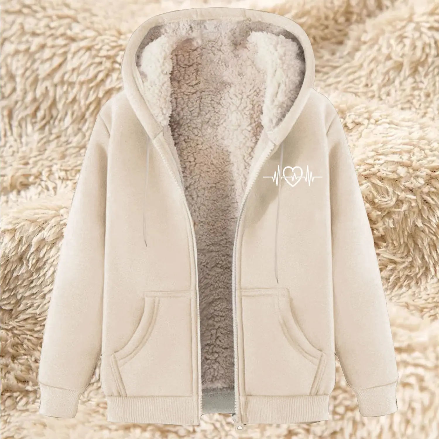 Cream-colored men’s heartbeat sherpa lined zip up winter fleece hoodie with plush light gray sherpa lining and a white heart-shaped heartbeat design on the left chest.