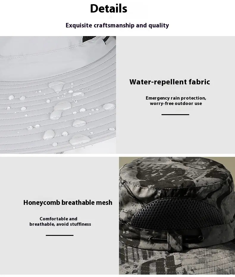 A gray camouflage solar fan bucket hat with a water-repellent fabric crown and honeycomb breathable mesh panels designed for outdoor sun protection.