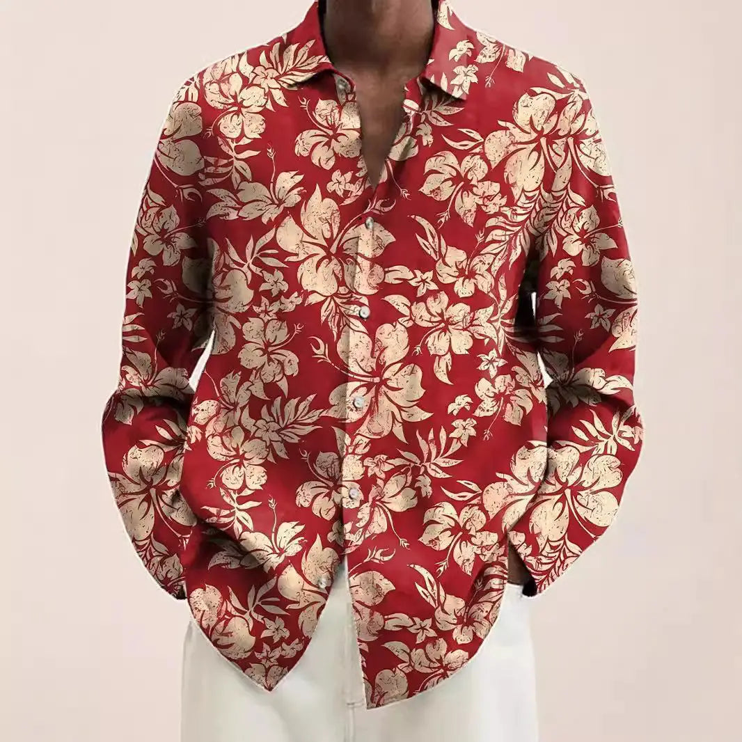 Camisa hawaiana estilo rojo para hombre de corte ajustado, abotonada, con un patrón floral color crema.