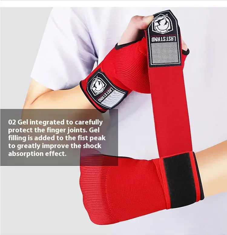 Red and black last stand brand gel boxing hand wrap gloves with wrist support and integrated gel padding for finger joint protection shown from the back side.