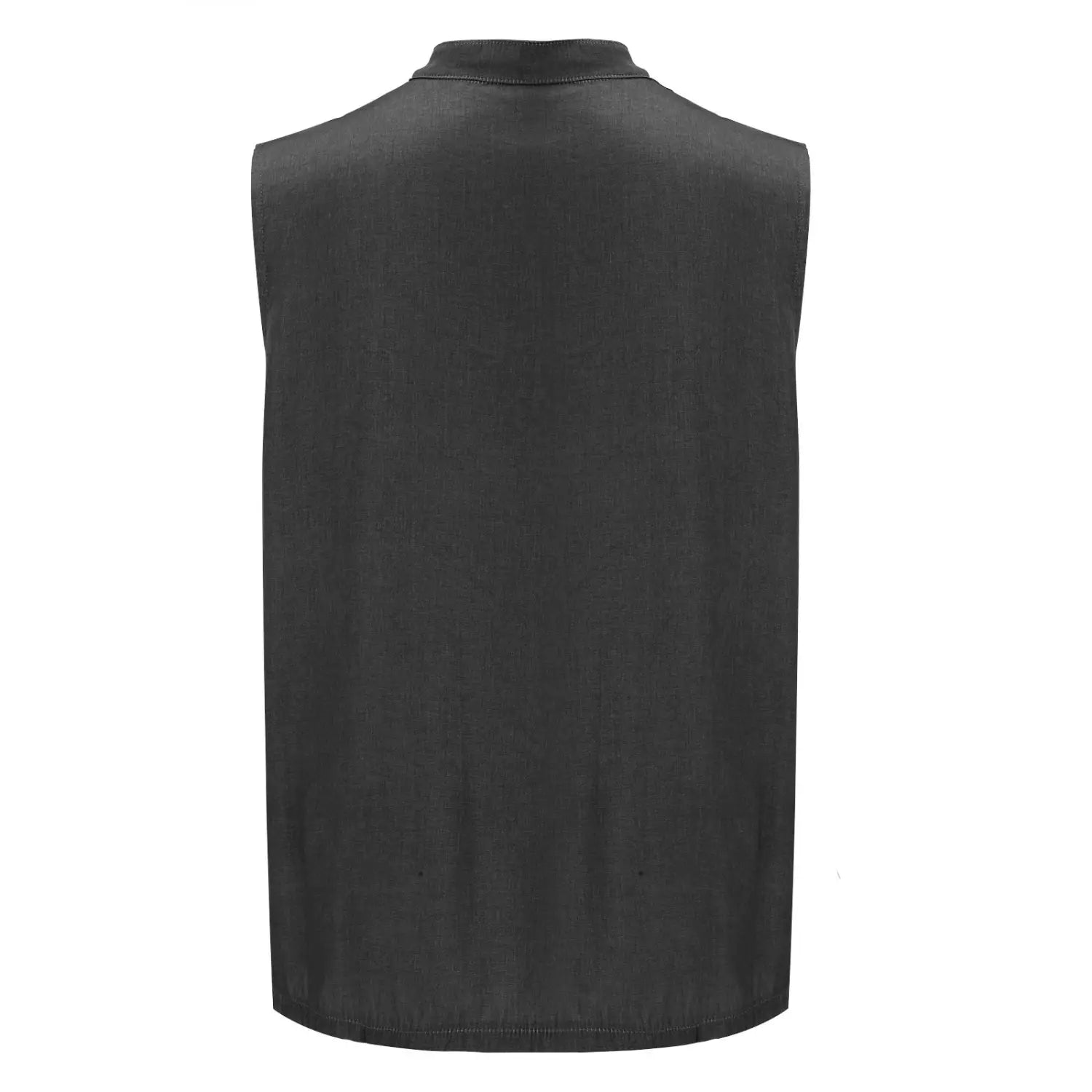 Men’s slim fit sleeveless denim henley shirt in black featuring a sleeveless vest design with collar and straight hem.