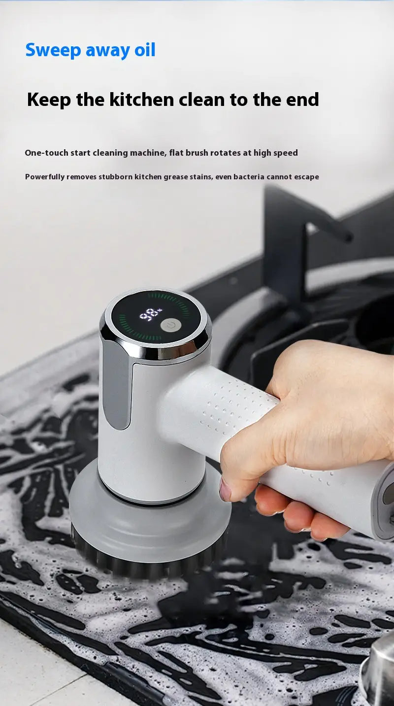 White and silver electric cleaning brush wireless smart scrubber tool with a digital display on the handle.