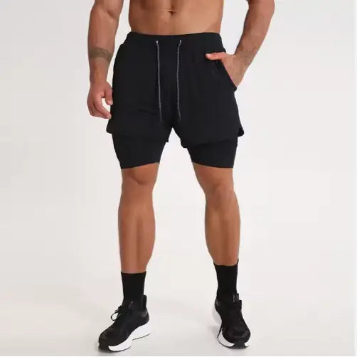 Men’s black 2-in-1 breathable quick dry athletic training shorts with a layered design and drawstring waistband.