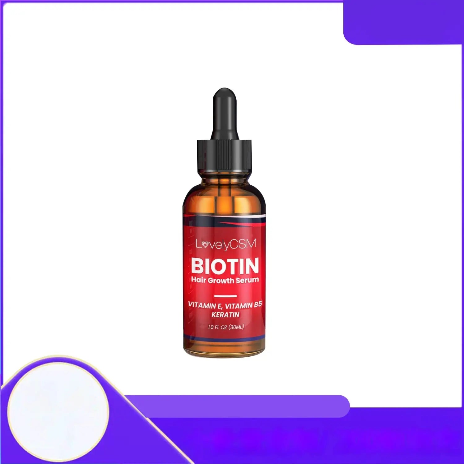 Suero para el crecimiento del cabello con biotina de lovelycsm con aceite de jengibre en un frasco de vidrio ámbar de 30 ml, con tapa negra de gotero y etiqueta roja.