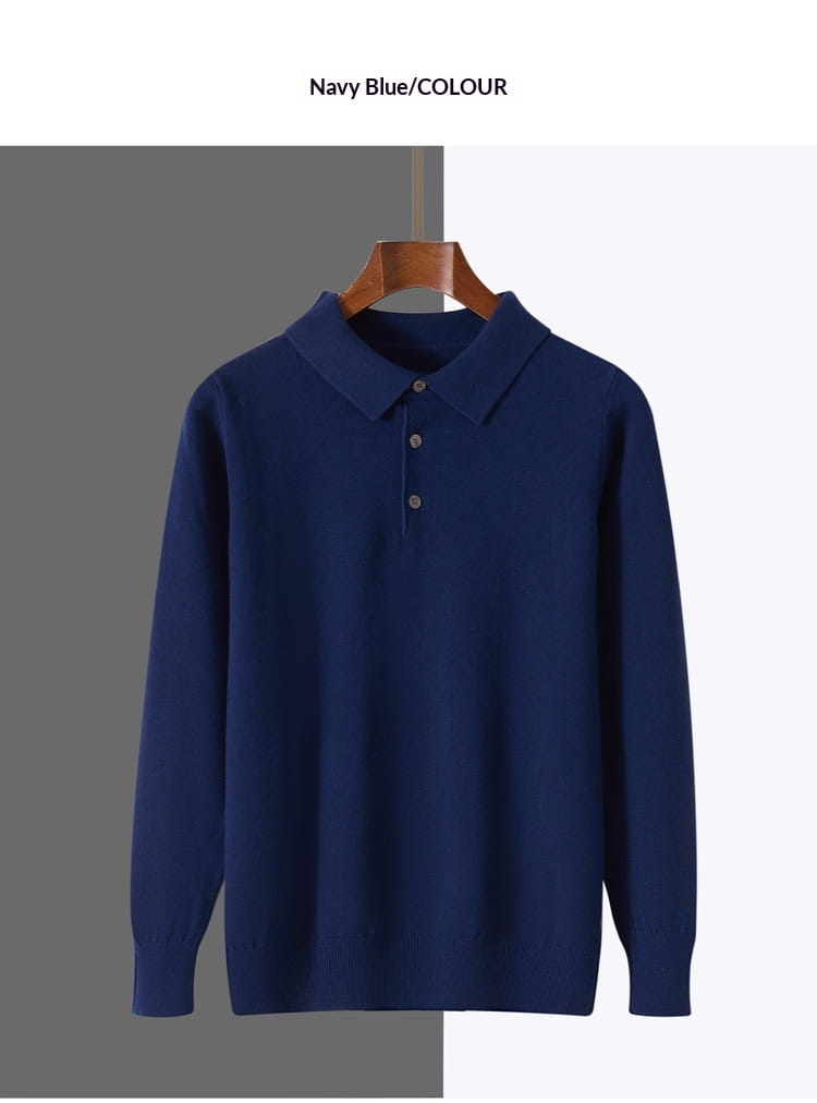 Navy blue knit polo sweater long sleeve pullover with classic collar and three-button placket.