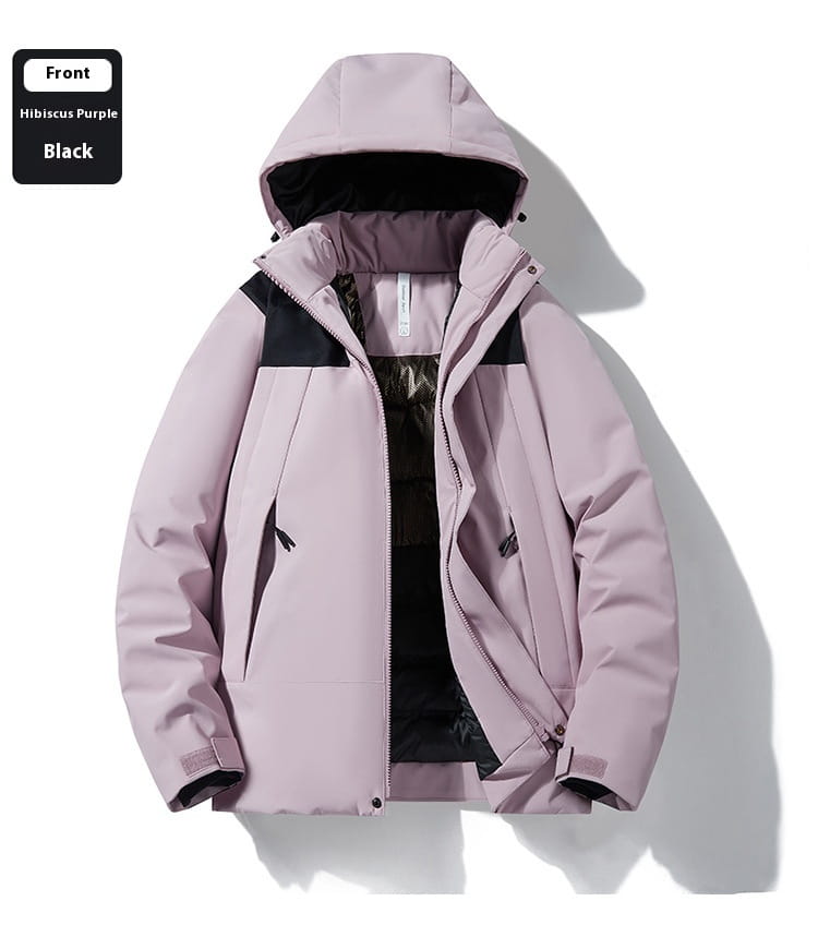 Hibiscus purple hooded winter puffer jacket with black accents and quilted design is windproof and waterproof.