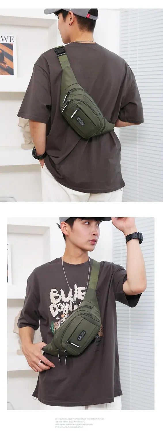 Olive green men’s waterproof nylon multifunctional tactical waist pack with multiple compartments and a sturdy strap.