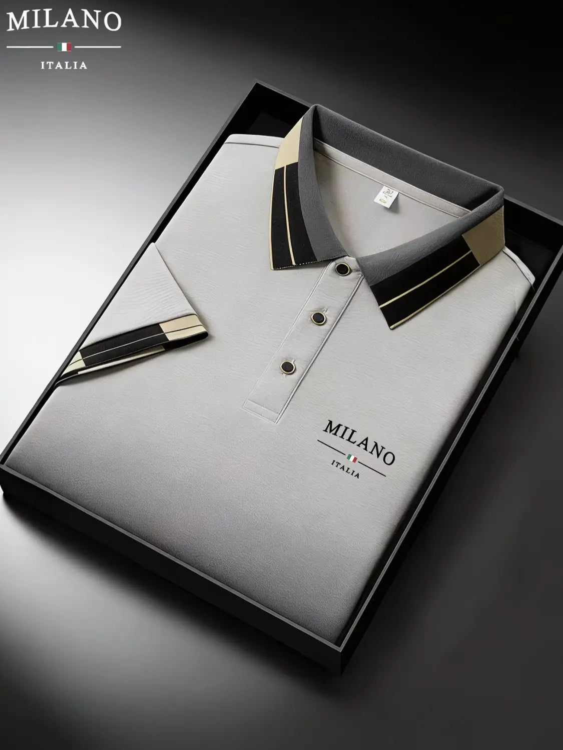 Mens slim fit striped polo shirt in gray milan italia fabric featuring black and gold striped collar accents.