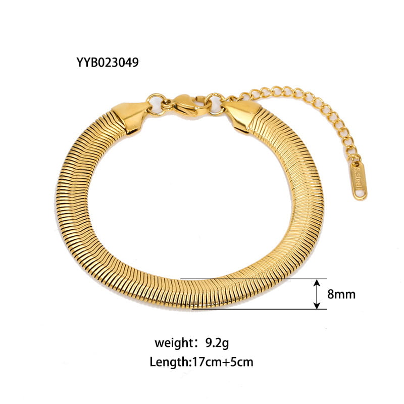 18k gold pvd plated stainless steel chain link bracelet with a gold-toned snake chain design, sleek texture, and adjustable extension chain.