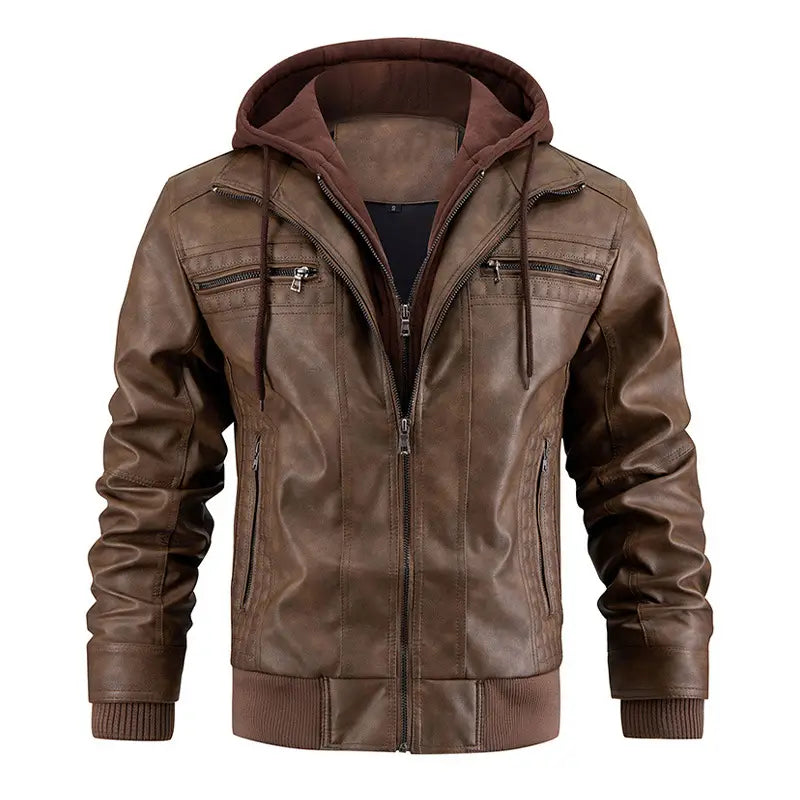 Veste en similicuir PU à capuche pour homme marron avec doublure en polaire et poignets côtelés, présentée de face.