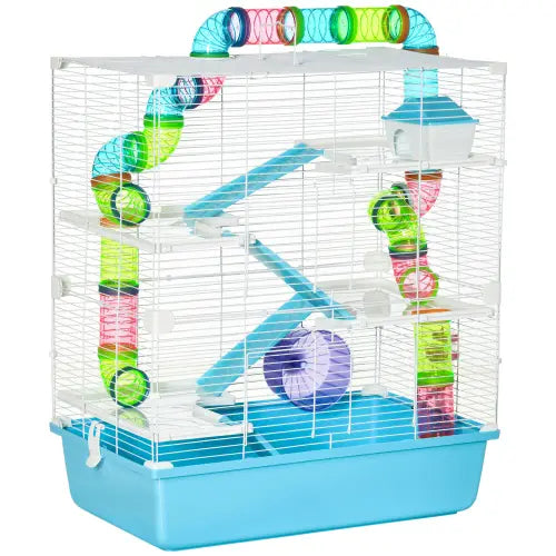 Pawhut 5 tier hamster cage with tunnels featuring a colorful plastic habitat with transparent tubes and platforms designed for small pets.