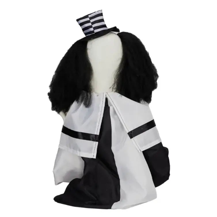 Scary clown Halloween decoration 1.8ft featuring a black and white striped top hat with a plush black fur collar and sound activation.