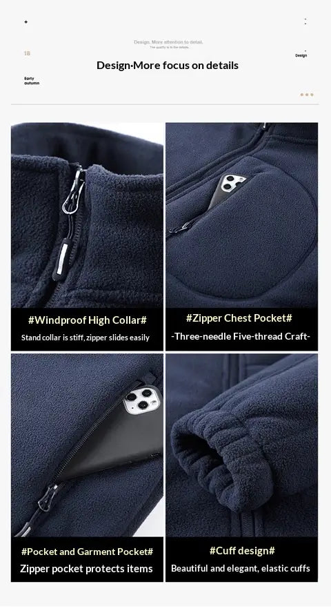 Mens fleece casual multipocket winter jacket in dark navy blue featuring a high collar, fleece material, zipper chest pocket, and elastic cuffs.