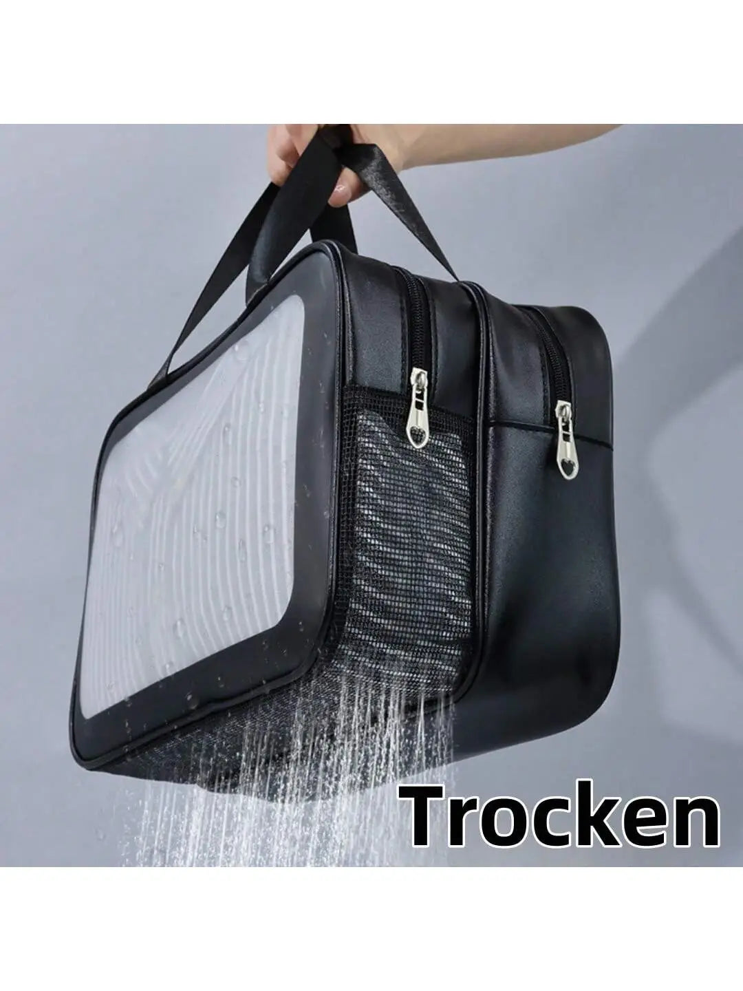 Schwarzer wasserdichter Reisekosmetiktasche mit transparentem Panel, Mesh-Seitentaschen und silbernen Reißverschlüssen; ausgelegt für Trennung von trocken und nass und zur Wäscheorganisation.